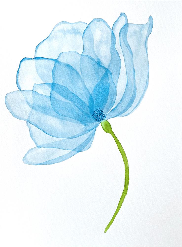 Image of a water colour painting of a tulip with translucent blue petals and a green stem. 